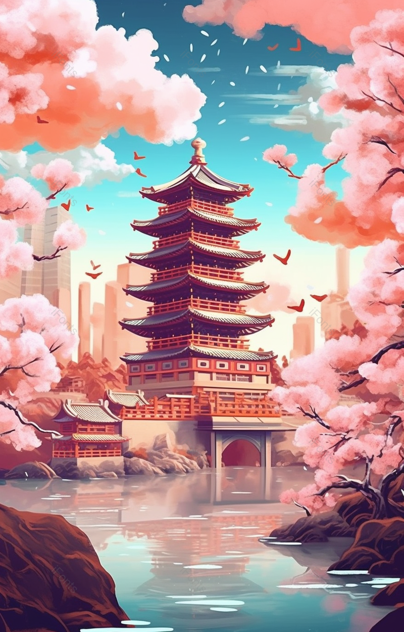 武汉城市古风建筑平静湖面上盛开的粉色樱花景象,插画/手绘图,插画/手绘图库,插画/手绘图下载,插画/手绘